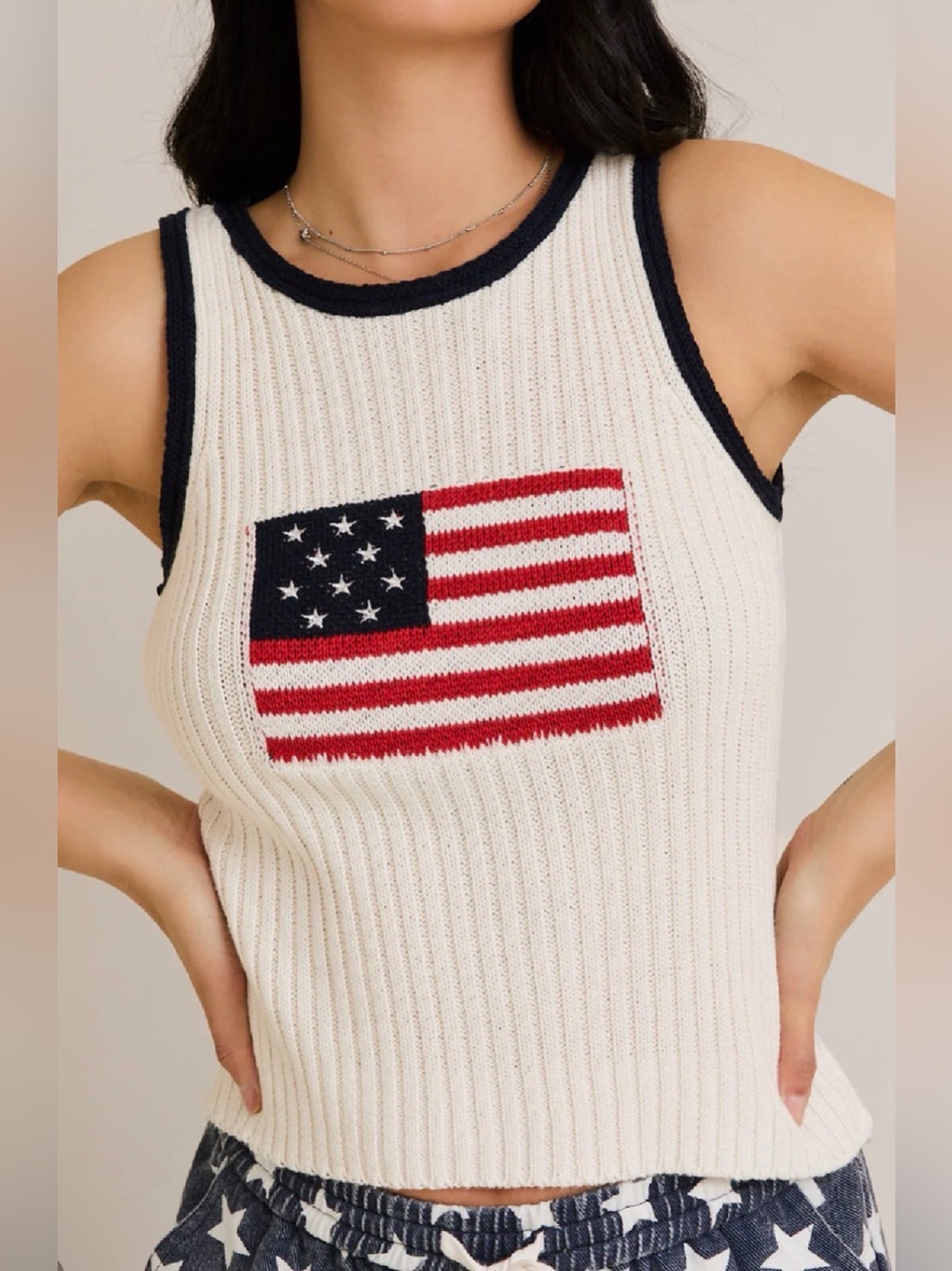 148. Ribbed Cream Tank Top with Flag Motif